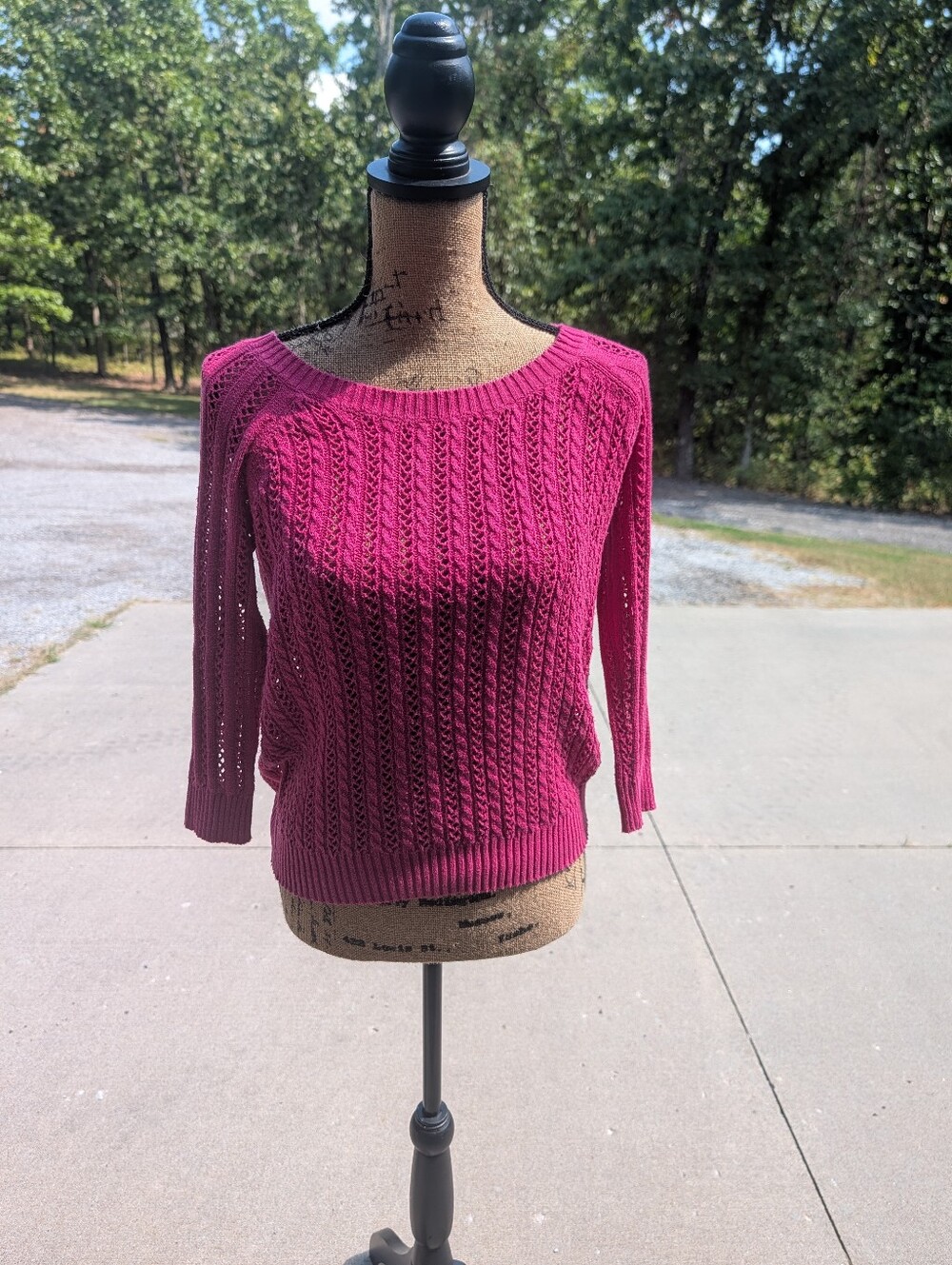 Arizona Jean Company Open-Knit Scoop Neck Sweater - Raspberry